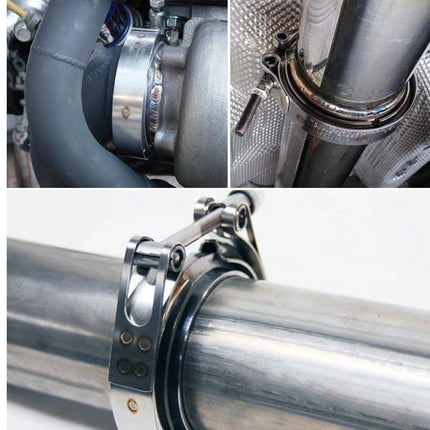 Close-up of metal pipes and clamps with a white background