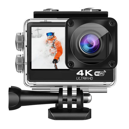 Action camera with 4K Ultra HD display on a white background