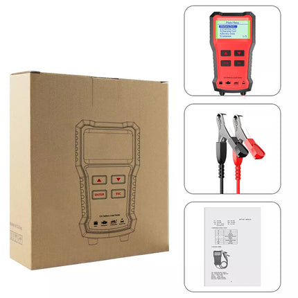 Cardboard box with a diagram of a diagnostic tool, red diagnostic tool, test leads, and user manual on a white background.