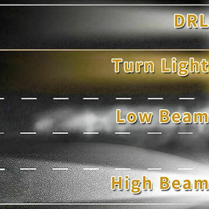 Illustration of different car headlights labeled DRL, Turn Light, Low Beam, and High Beam on a road.