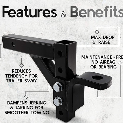 A black metal hitch component shown on a light textured background with callout lines and text reading 'Features & Benefits,' including 'Reduces tendency for trailer sway,' 'Dampens jerking & jarring for smoother towing,' 'Max drop & raise,' and 'Maintenance - free no airbag or bearing.'.