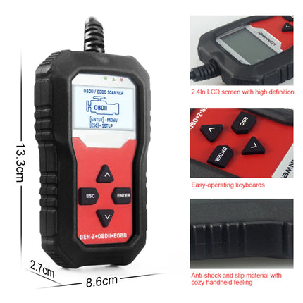 Car diagnostic scanner with dimensions and features highlighted on a white background