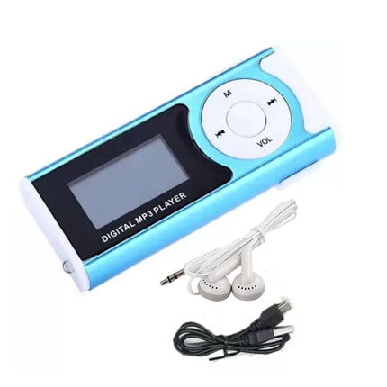 Blue digital MP3 player with earphones and cable on a white background