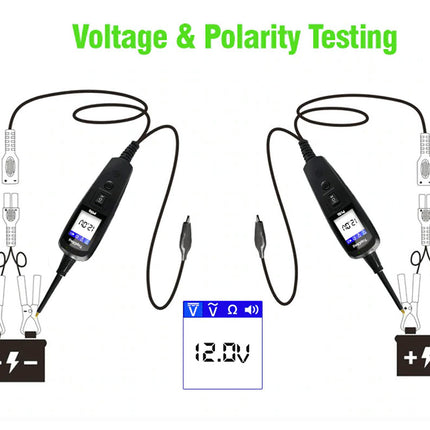 Diagram of voltage and polarity testing equipment with digital displays on a white background.