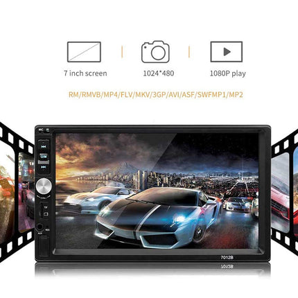 A 7-inch car stereo head unit with a glossy black bezel, featuring a central control knob and a screen displaying a racing scene. The image includes feature icons and text for 7-inch screen, 1024*480 resolution, and 1080P play, with filmstrip graphics on the sides.