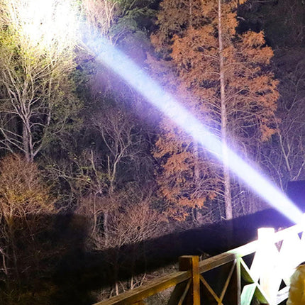 Person holding a flashlight in a forest at night