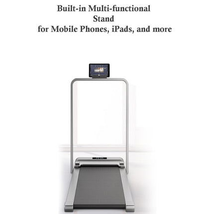 Treadmill with a built-in multi-functional stand for mobile phones and iPads on a white background.