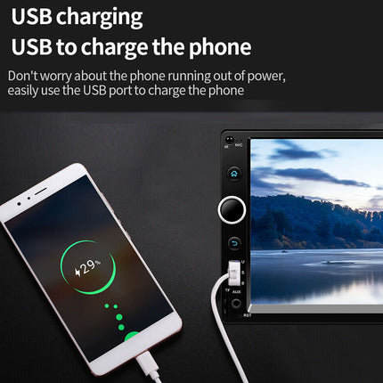 Phone being charged via USB with a scenic display on a screen.