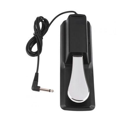 Black and silver electronic pedal with cable on a white background