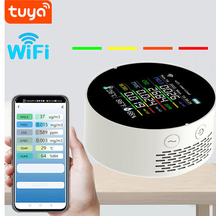Smart air quality monitor with digital display and smartphone app on a light gray background, featuring Tuya logo.