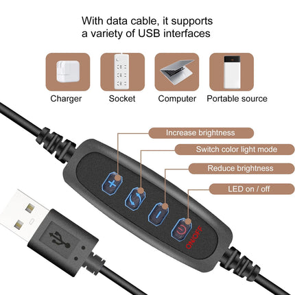 USB cable with control panel labeled for various functions on a white background