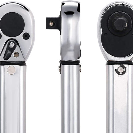 Three ratcheting wrenches with chrome finish on a white background