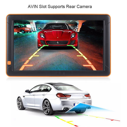 Car reverse camera system with screen displaying a red car and white car with sensors.