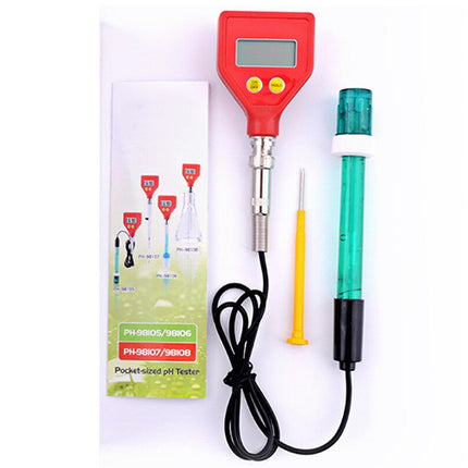 Pocket-sized digital pH tester with a red handheld unit, black cable, green test electrode, yellow cleaning stick, and printed product box on a white background.