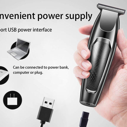 Hair trimmer held in a hand with USB cable and power bank illustration on a light gray background