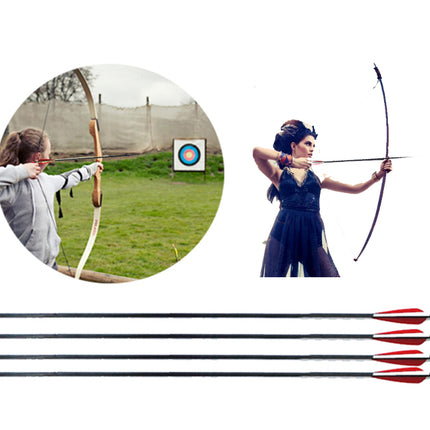 Two people practicing archery with arrows and a target, and three arrows on a white background.