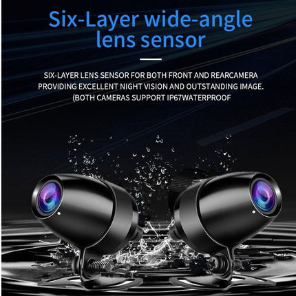 Two camera lenses with water splashes and text about six-layer wide-angle lens sensor on a dark background.