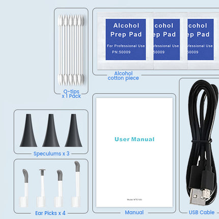 A kit layout showing multiple components on a pale blue background: three blue alcohol prep pads, a pack of cotton swabs, three black speculum blades, four white ear picks, a user manual, and a black USB cable.