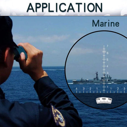Person using binoculars to observe a ship at sea with a close-up of a rangefinder scale.