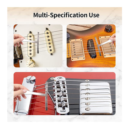 A collage showing close-up views of a guitar headstock and pickups with hands adjusting or holding small hardware, under the heading 'Multi-Specification Use'.