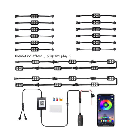 An LED light bar kit with multiple black light strips, connectors, a power adapter, wiring accessories, and a smartphone showing a color-temperature control app screen, arranged on a white background.