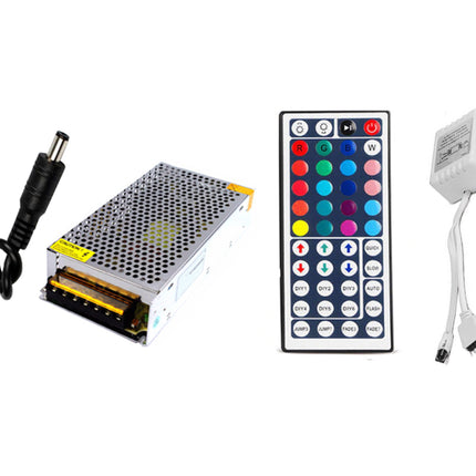 LED strip kit with power supply, remote control, and connectors on a white background