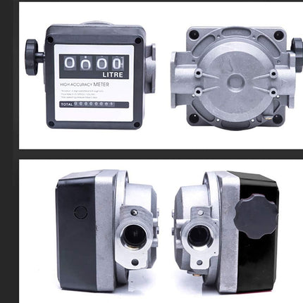 A high-accuracy digital liter meter shown from multiple angles, featuring a black and silver housing with a digital display window showing '0000 LITRE'.