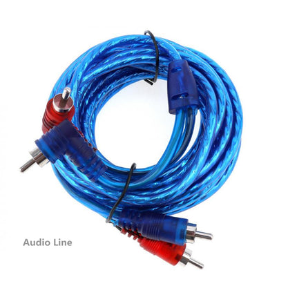 Coiled blue audio cable with red and black connectors on a white background