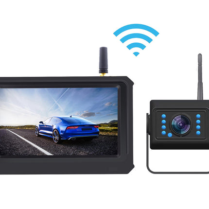 Wireless car monitoring system with a screen displaying a blue car on a road and a camera device.
