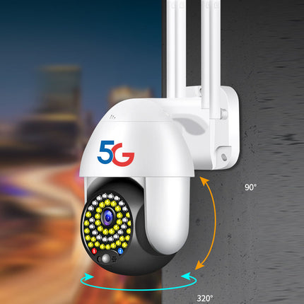 Smart camera with 5G connectivity on a blurred cityscape background