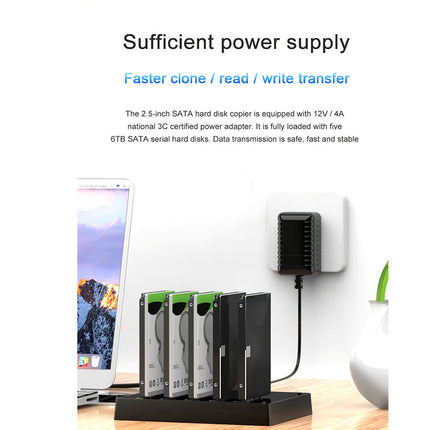Hard disk drive with power adapter on a desk with text about power supply and transfer speed.