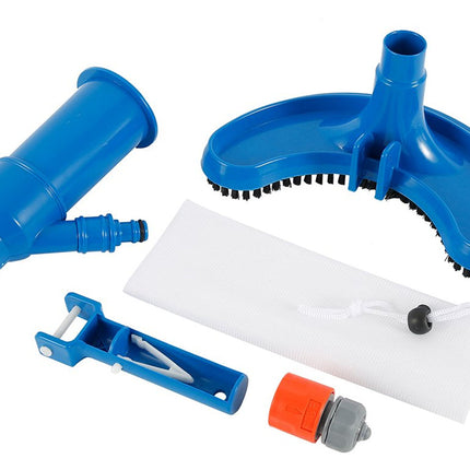 Blue pool cleaning tool set with various components on a white background