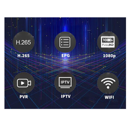 Set-top box interface with icons and text on a blue grid background