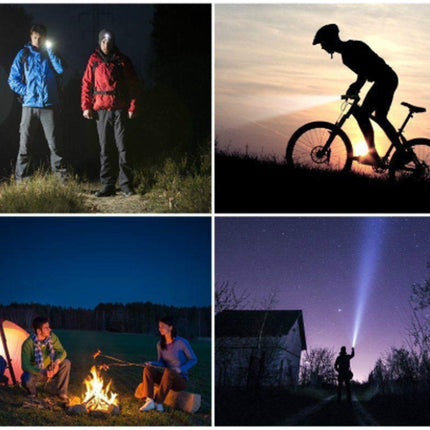 Collage of four outdoor activities including two people with flashlights, a cyclist, and two people by a campfire.