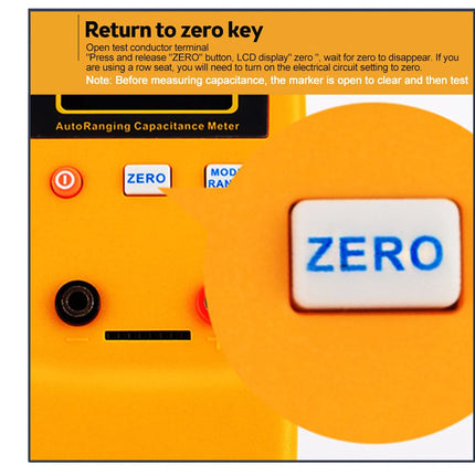 Yellow AutoRanging Capacitance Meter with 'ZERO' button on a white background