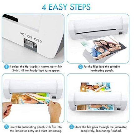 An instructional graphic showing a white hot stamping/laminating machine in four steps with text and hand illustrations demonstrating how to use the device.