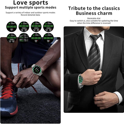 A promotional graphic for a smartwatch with two panels. The left panel shows a person tying a shoe while wearing the watch, with text reading 'Love sports' and multiple small circular screen examples.