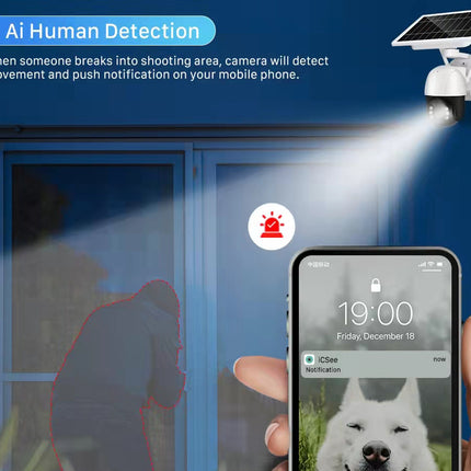 Security camera with smartphone app showing notification on a blue background