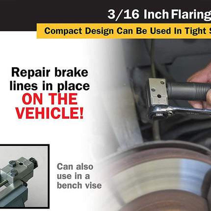 3/16 Inch Flaring Tool being used on a vehicle brake line with text highlighting its features.