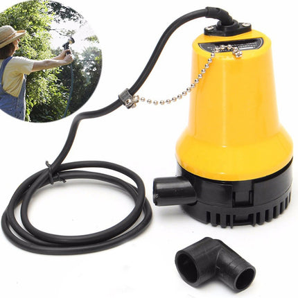 Yellow submersible pump with black cord on a white background