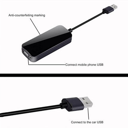 A black USB adapter with a glossy finish, shown in two panels with labels. The top panel shows the adapter with a USB phone connector and text reading 'Anti-counterfeiting marking' and 'Connect mobile phone USB'.