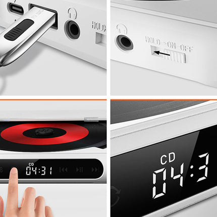 Close-up of a CD player with various components and display.