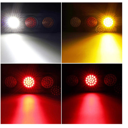 A 2x2 grid showing four light output modes of circular LED light bars: white, yellow, red, and red/white combination, each demonstrating the beam pattern on a dark background.