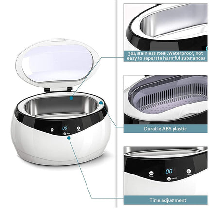 Portable ultrasonic cleaner with features highlighted on a white background