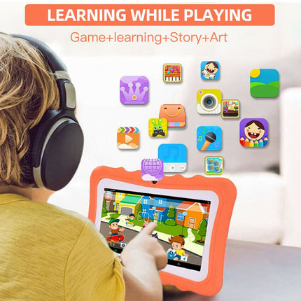 Child using a colorful tablet with educational apps on a white background