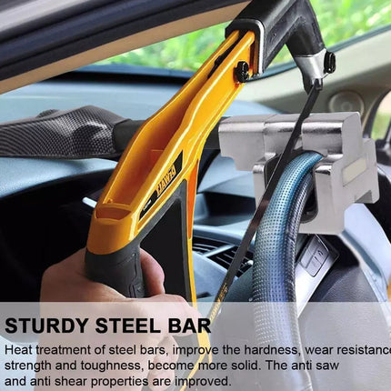A close-up of a hand holding a yellow and black steel bar tool inside a car, with a metal mounting bracket and hose visible. Text at the bottom reads 'STURDY STEEL BAR' with descriptive copy about hardness and toughness.