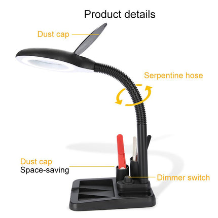 Desk lamp with labeled parts on a white background