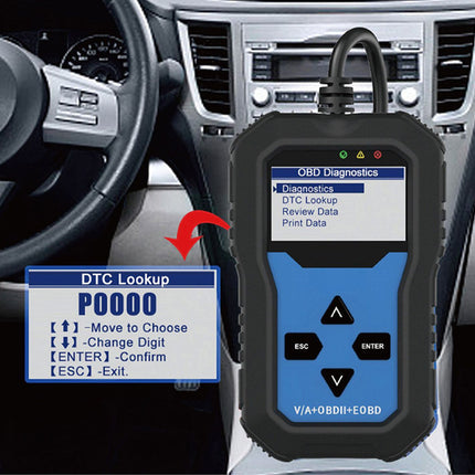 Car diagnostic tool with screen displaying diagnostic codes in a car's interior.