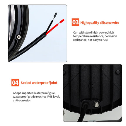 Feature comparison graphic for a marine electrical cable grommet or waterproof fitting, showing close-ups of a black silicone wire with red and black strands (labeled '03 High quality silicone wire') and a sealed black waterproof joint with text explaining IP68 protection.