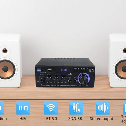 Audio system with two speakers and a central amplifier on a wooden surface.